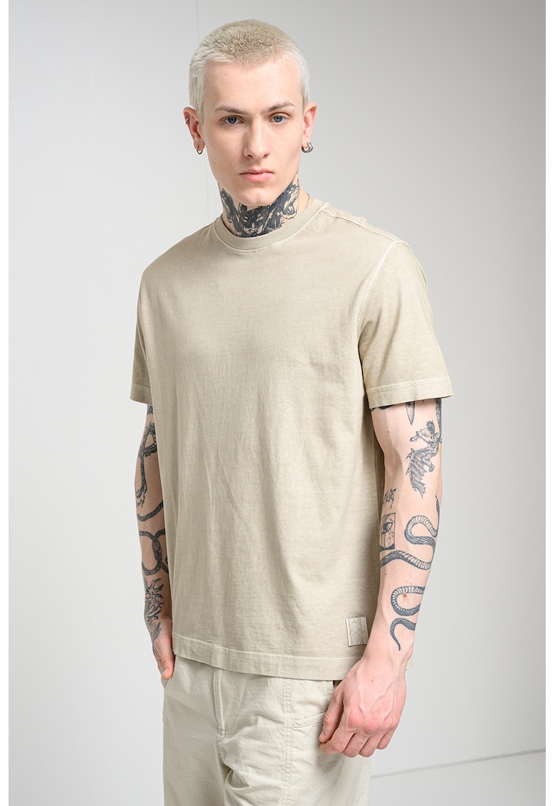 Tricou din bumbac cu decolteu la baza gatului - Bej inchis