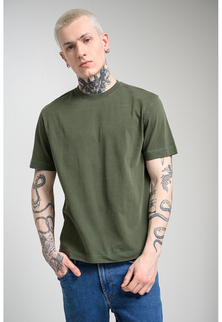 Tricou din bumbac cu decolteu la baza gatului - Sage Green