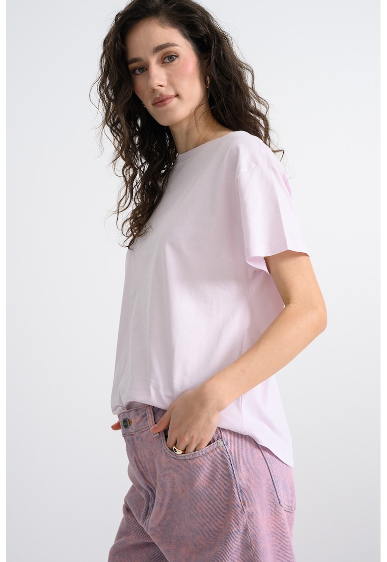 Tricou din bumbac cu decolteu barcuta - Roz pastel