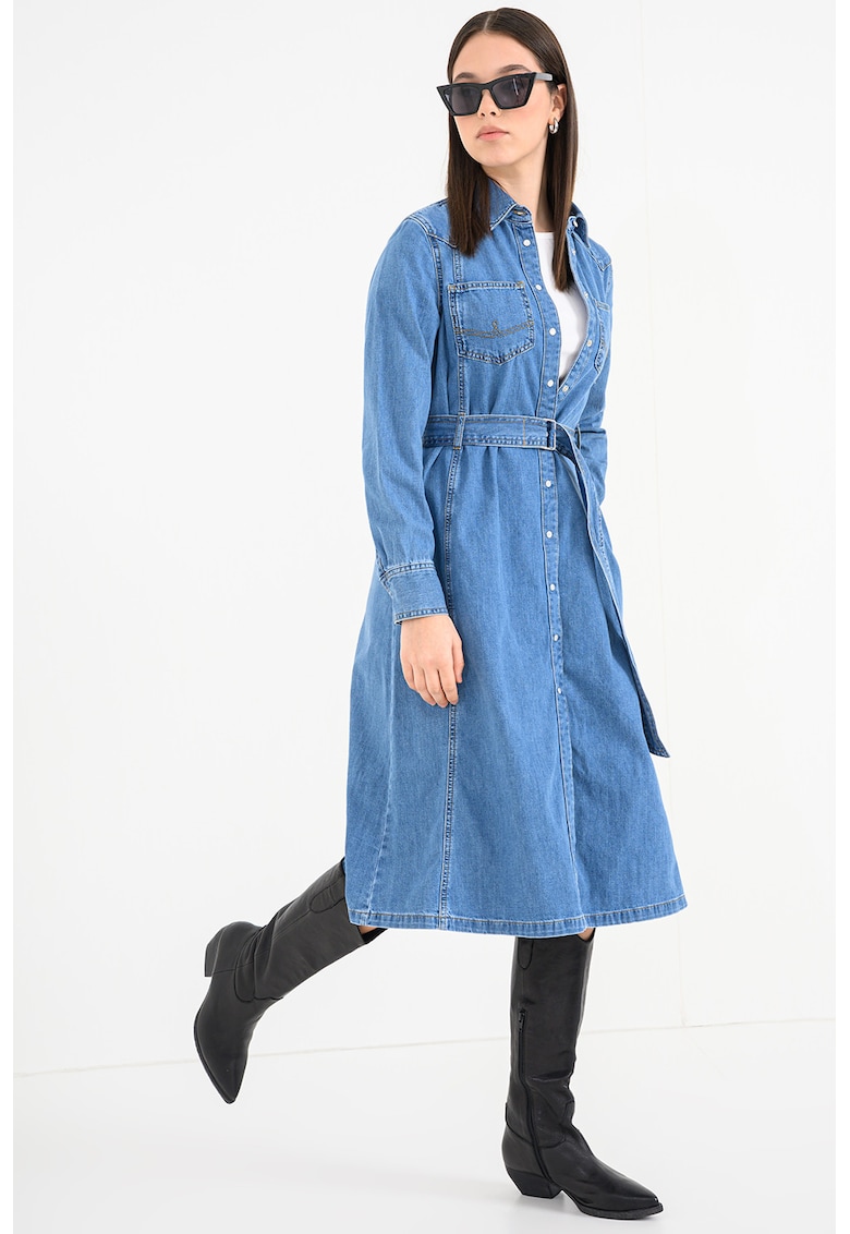 Rochie evazata de denim cu buzunare laterale - Albastru melange