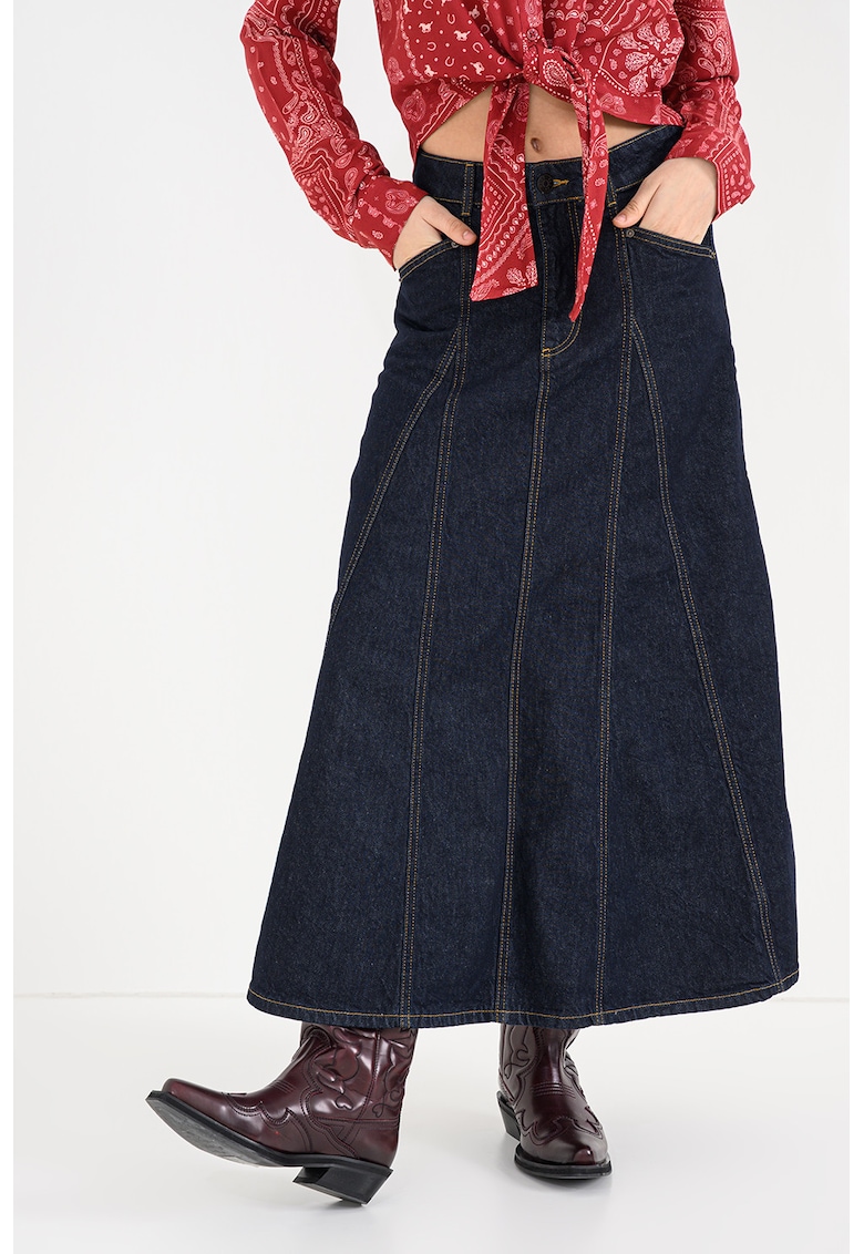 Fusta de denim evazata cu buzunare pe spate - Albastru inchis