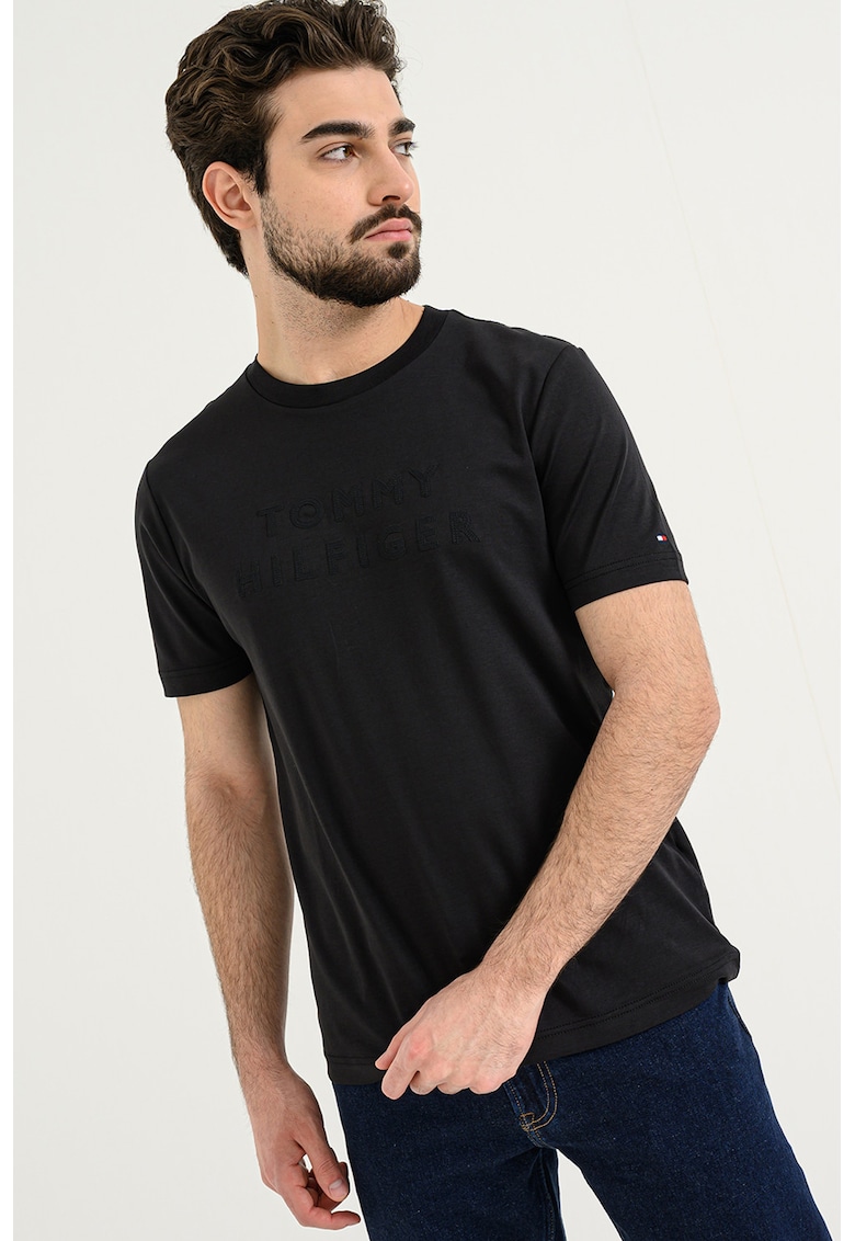 Tricou din bumbac cu decolteu la baza gatului - Negru
