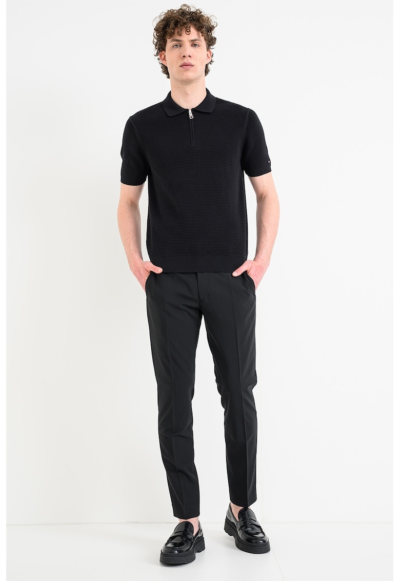 Tricou polo de bumbac organic cu fenta cu fermoar - Negru