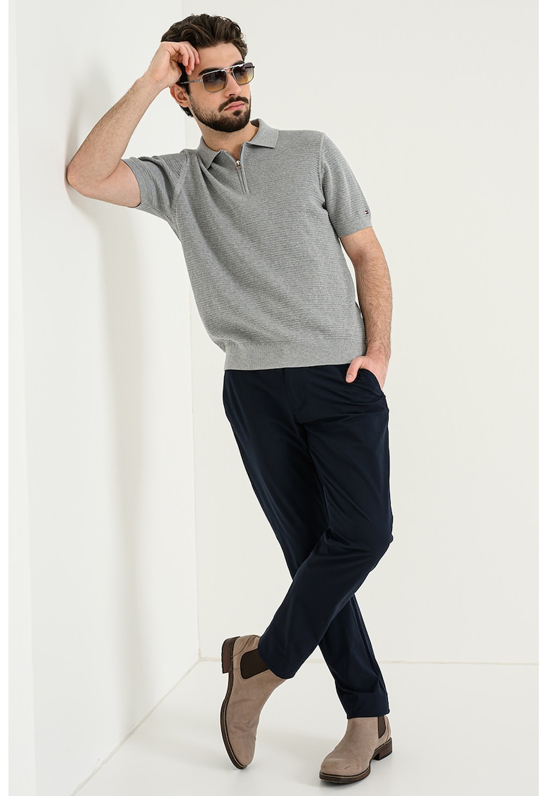 Tricou polo de bumbac organic cu fenta cu fermoar - Gri melange