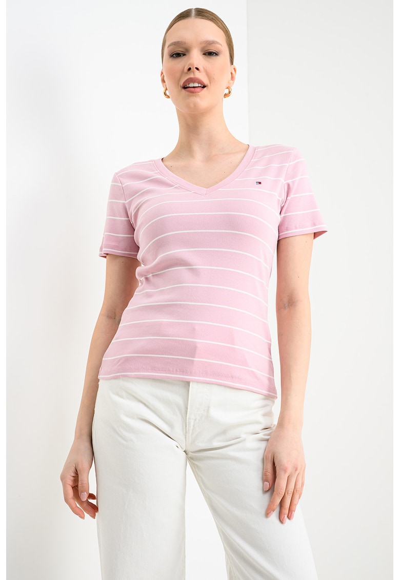Tricou slim fit cu decolteu in V Cody - Roz deschis