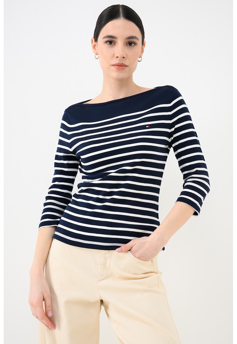 Bluza slim-fit de bumbac cu maneci trei sferturi - Alb optic/Albastru/Bleumarin