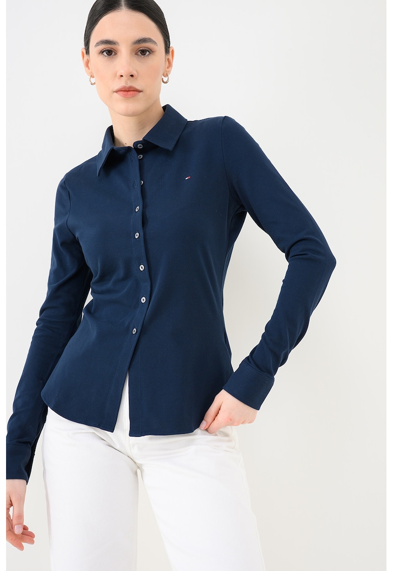 Camasa slim fit din material pique cu logo discret - Bleumarin