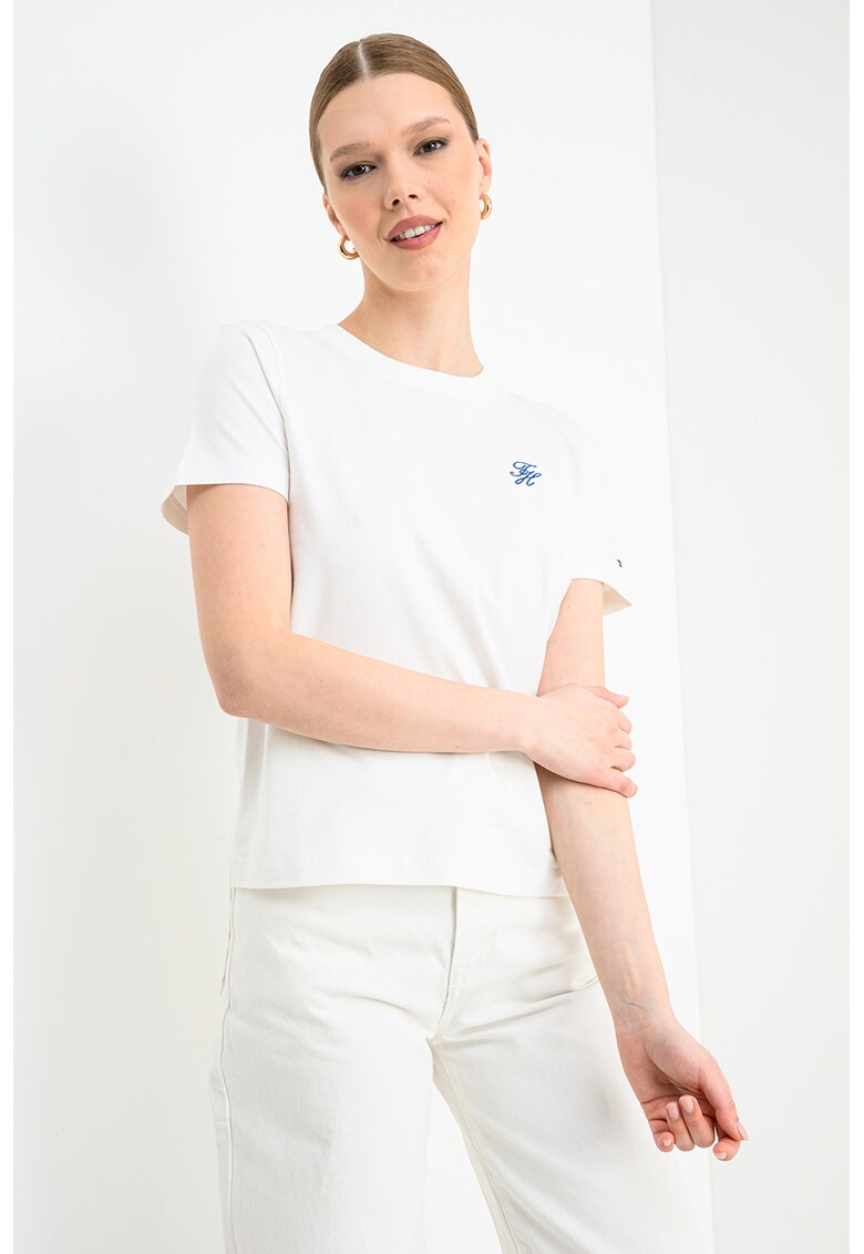 Tricou din amestec de bumbac cu decolteu la baza gatului - Alb