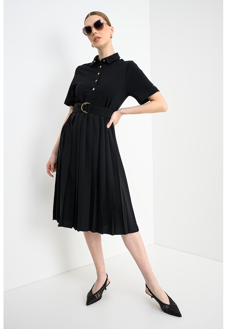 Rochie plisata cu fenta cu nasturi - Negru