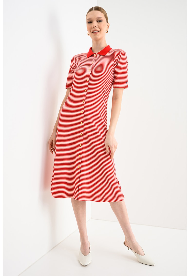 Rochie midi cu nasturi si dungi - Rosu/Alb