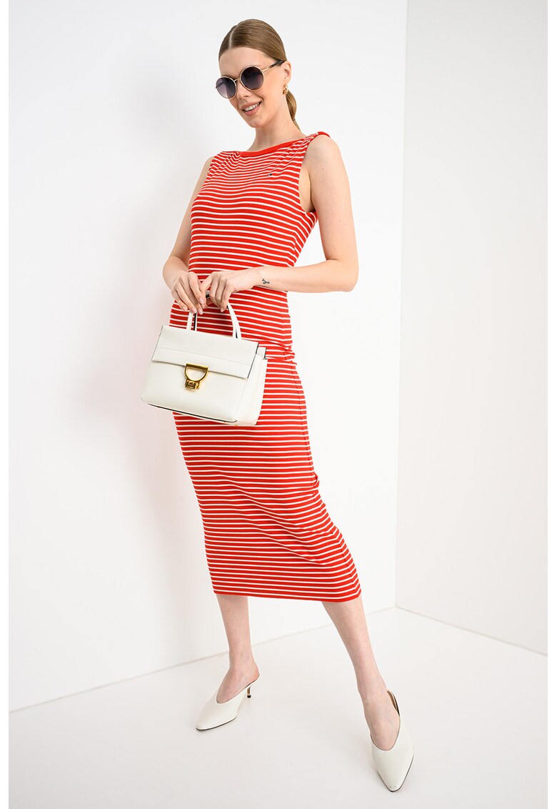 Rochie midi cu dungi - fara maneci - Rosu/Alb