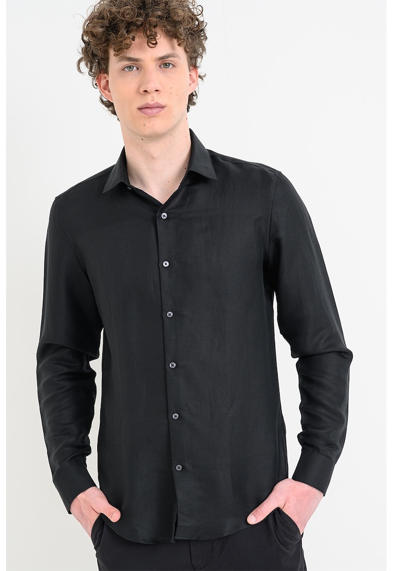 Camasa slim fit din amestec de lyocell si in - Negru