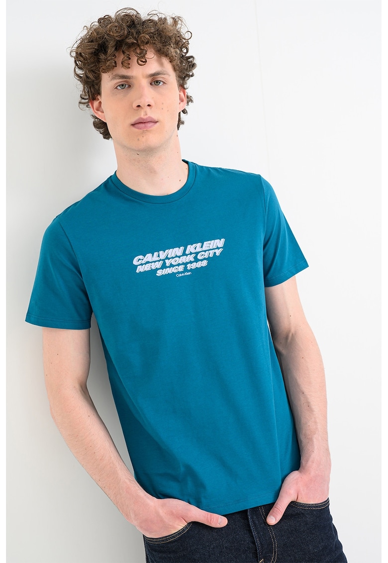 Tricou cu decolteu la baza gatului si imprimeu - Albastru