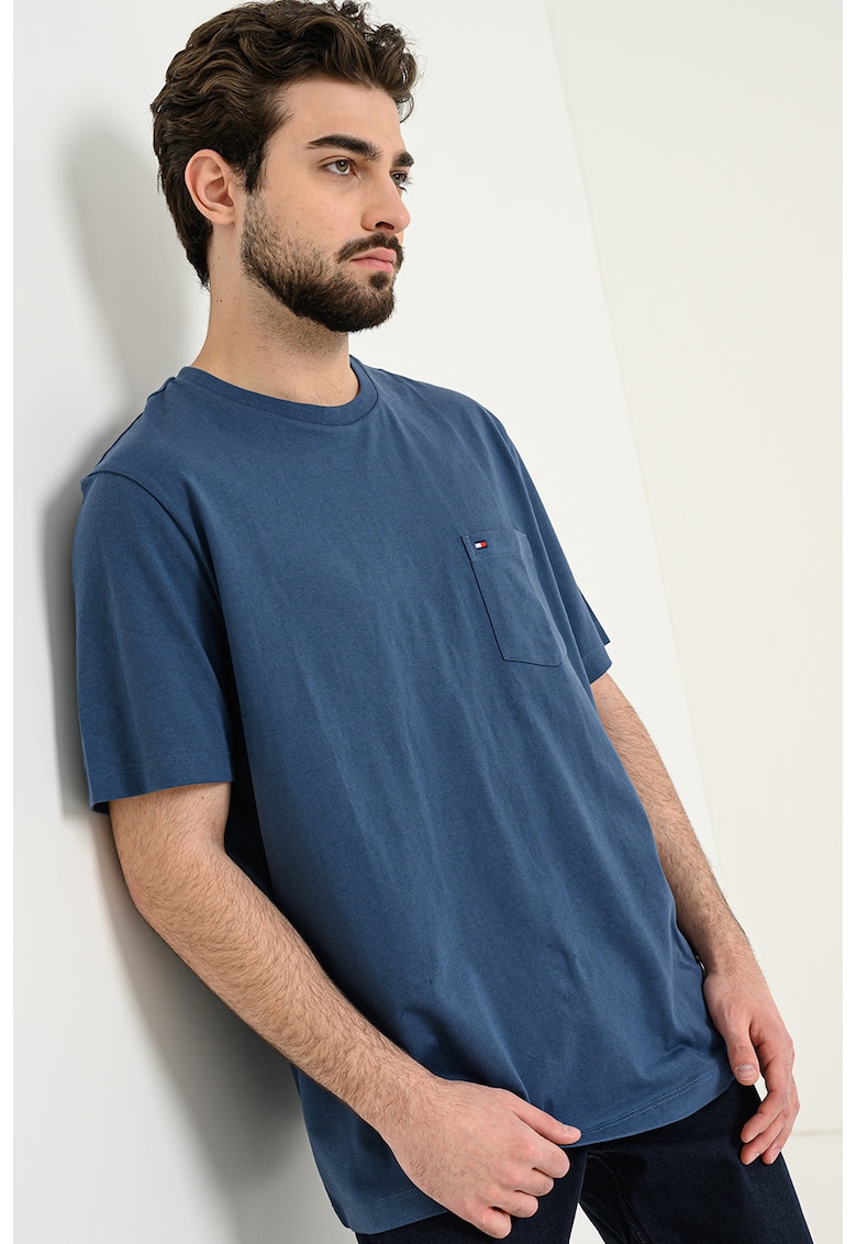 Tricou de bumbac cu buzunar pe piept Essential - Albastru prafuit