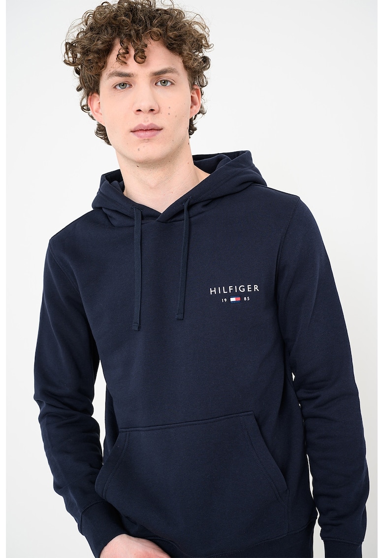 Hanorac cu imprimeu logo si buzunar kangaroo - Bleumarin