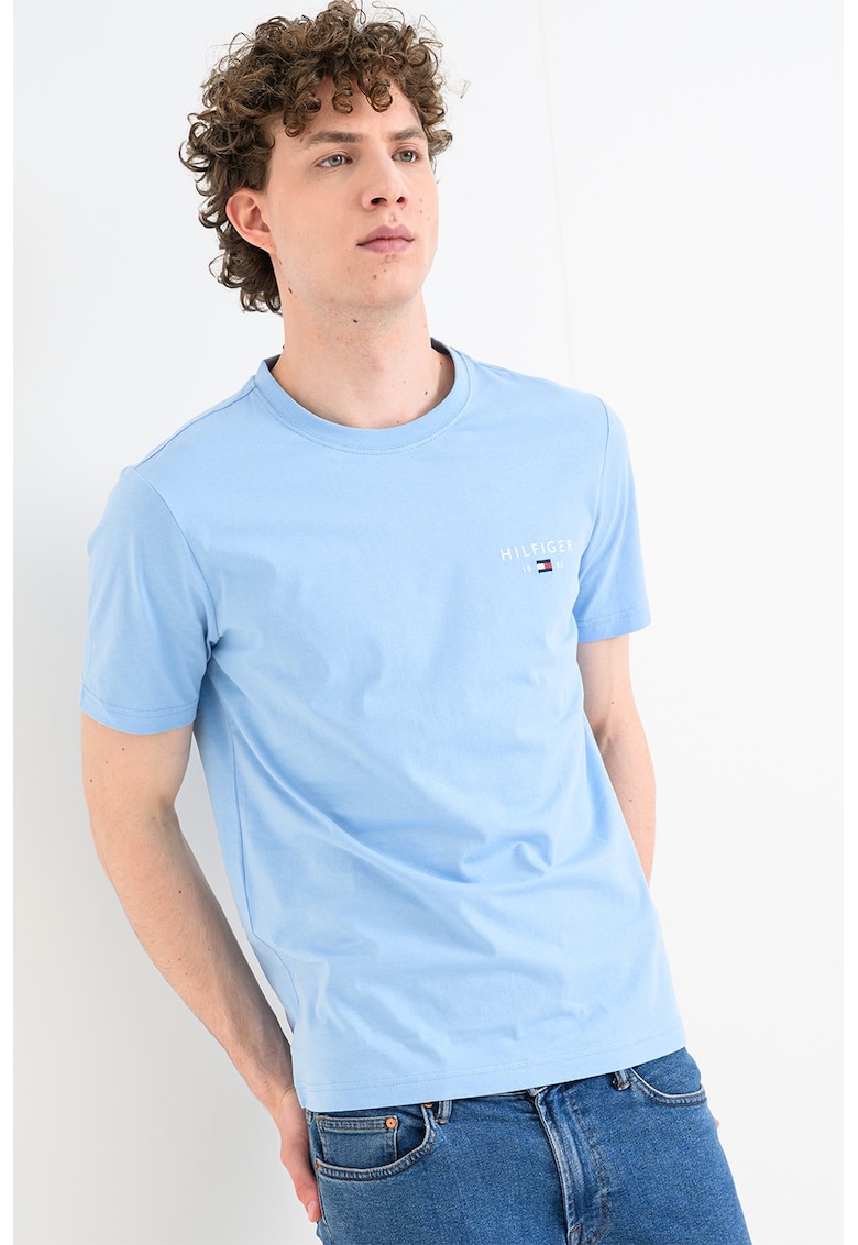 Tricou cu decolteu la baza gatului si imprimeu logo - Albastru pastel