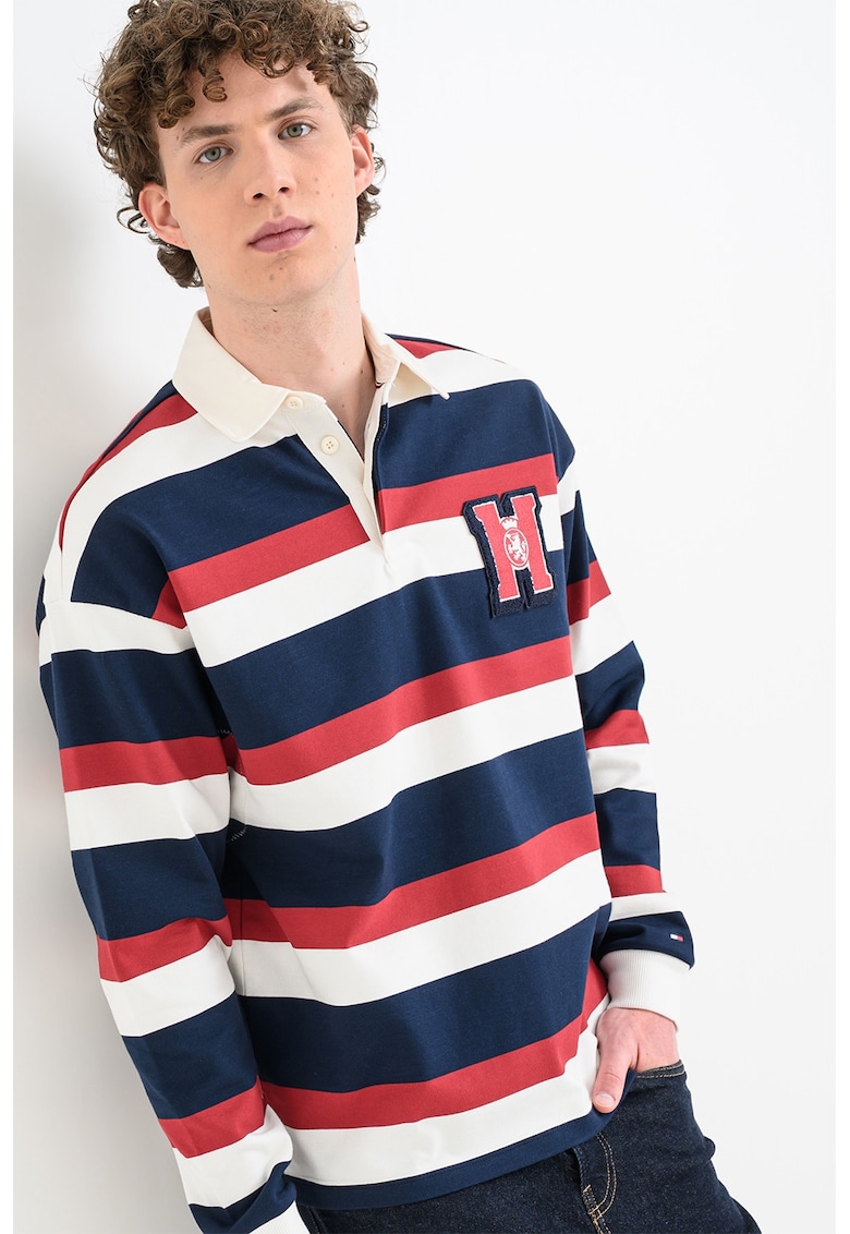 Bluza polo de trening cu model in dungi - Rosu/Alb/Bleumarin