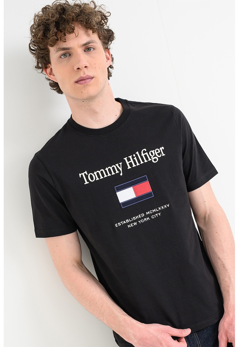 Tricou de bumbac cu logo brodat - Negru