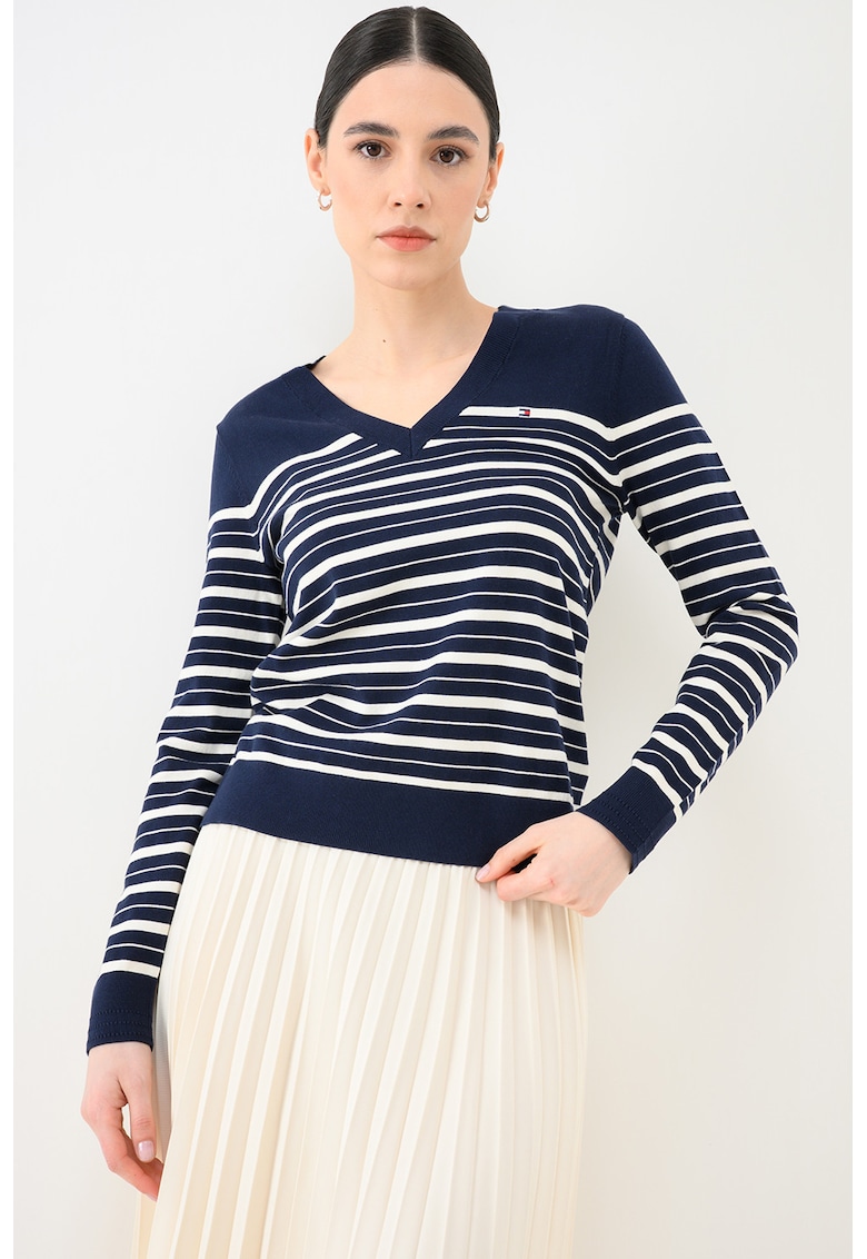 Pulover cu decolteu in V Bretton - Alb optic/Bleumarin