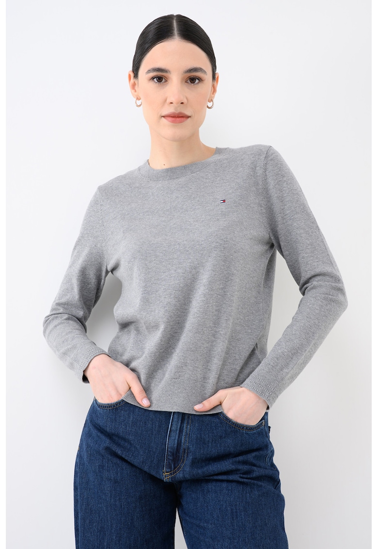 Pulover cu decolteu la baza gatului si logo discret - Gri inchis