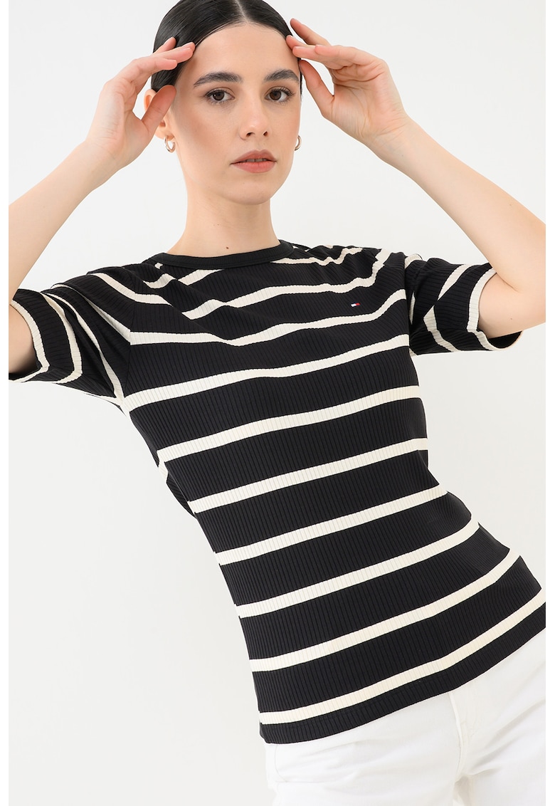 Tricou slim fit cu aspect striat - Alb/Negru