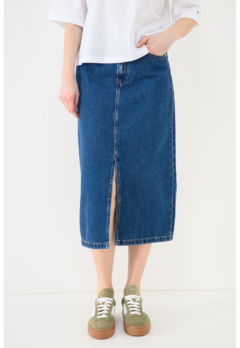 Fusta dreapta de denim cu slit frontal - Albastru inchis