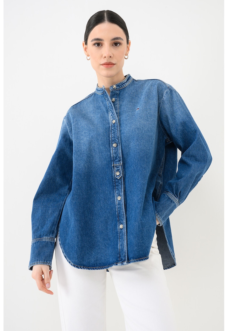 Camasa de denim cu guler tunica Glow - Albastru melange