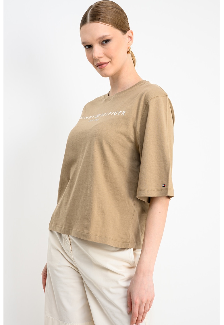 Tricou lejer cu imprimeu logo si maneci medii - Bej