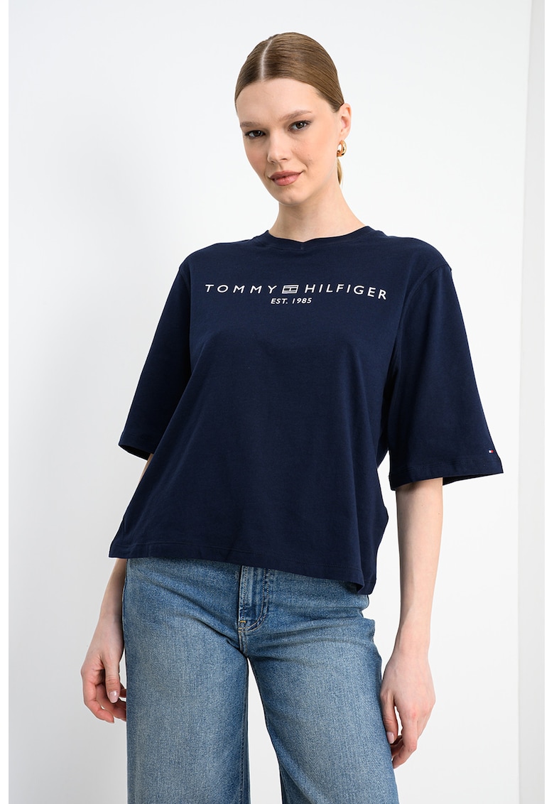 Tricou lejer cu imprimeu logo si maneci medii - Albastru inchis