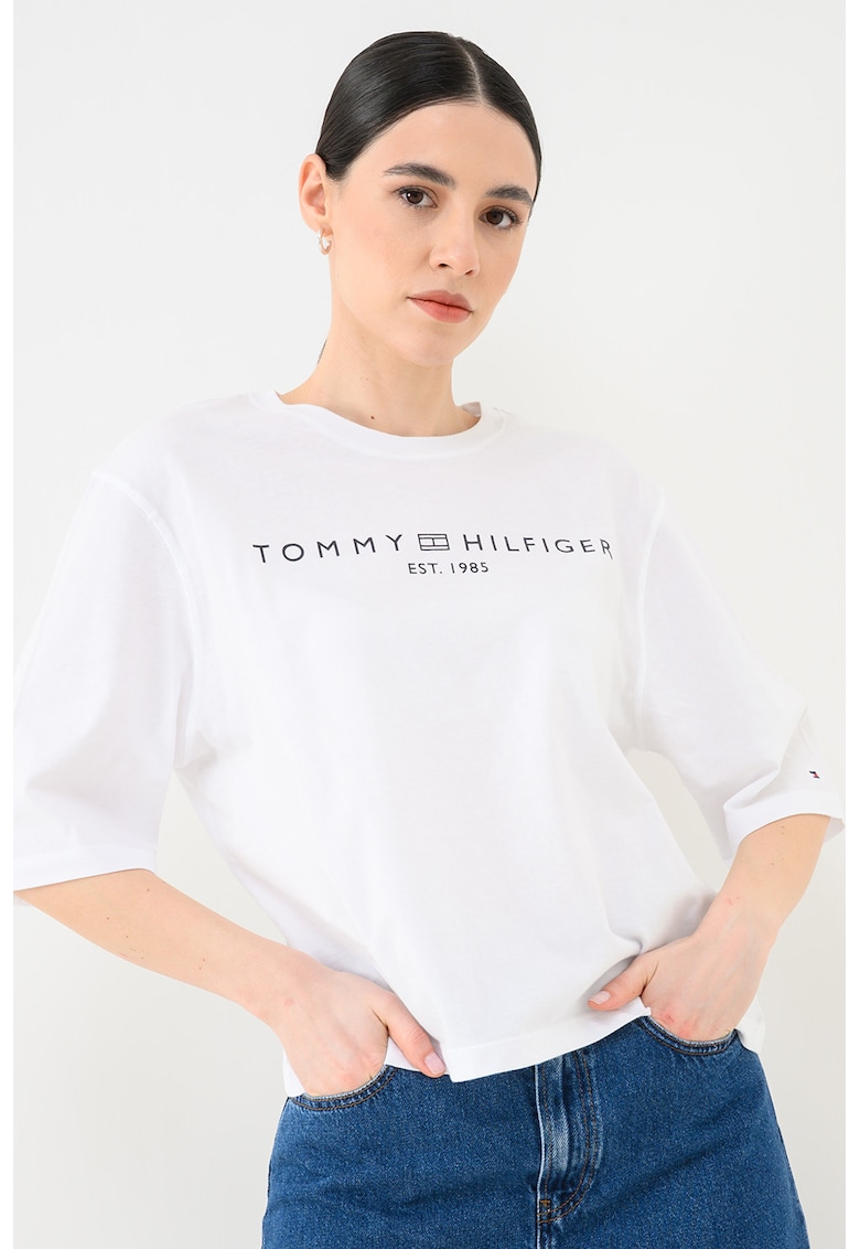 Tricou lejer cu imprimeu logo si maneci medii - Negru/Alb optic