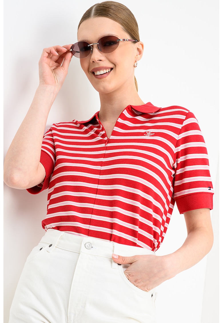 Tricou polo cu dungi - Rosu/Roz