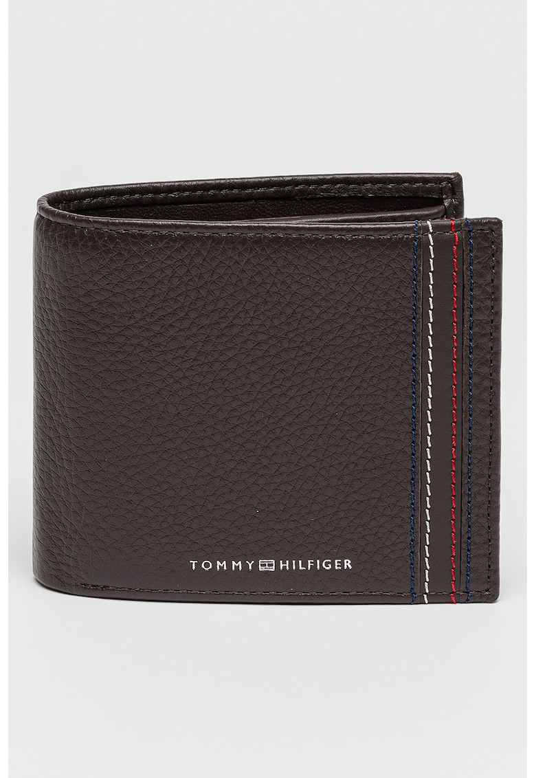 Portofel pliabil de piele cu cusaturi contrastante - Maro inchis