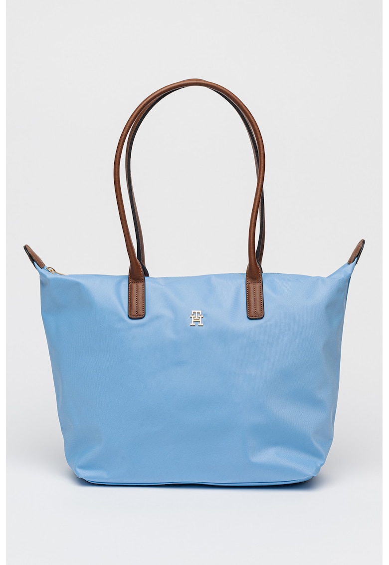 Geanta tote cu model monograma discreta Popette - Albastru pastel/Maro pamantiu