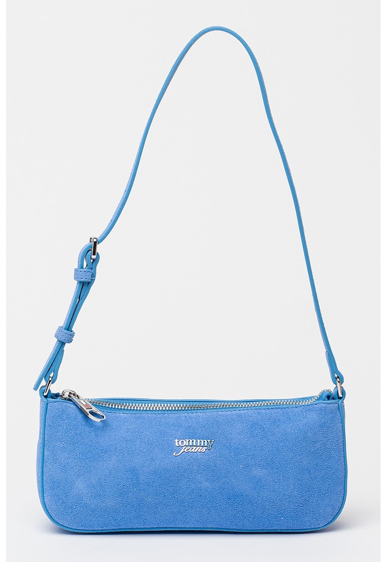 Geanta din piele intoarsa cu bareta de umar si logo - Albastru glaciar