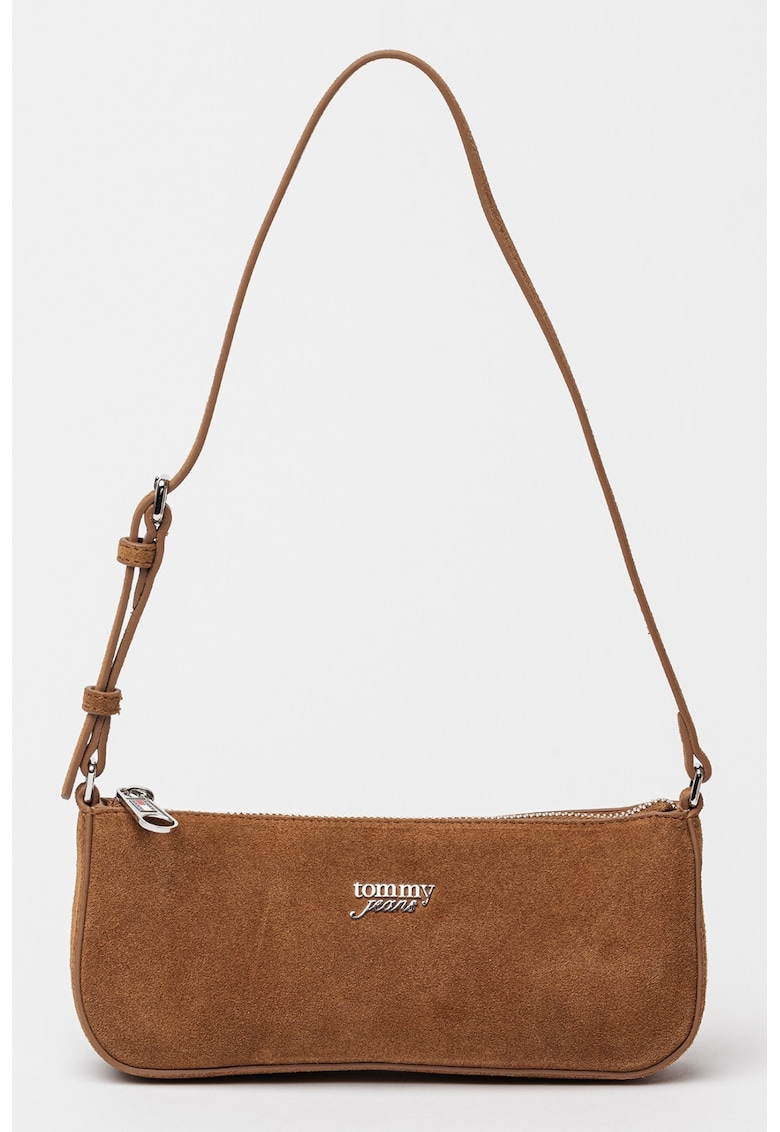 Geanta din piele intoarsa cu bareta de umar si logo - Maro scortisoara