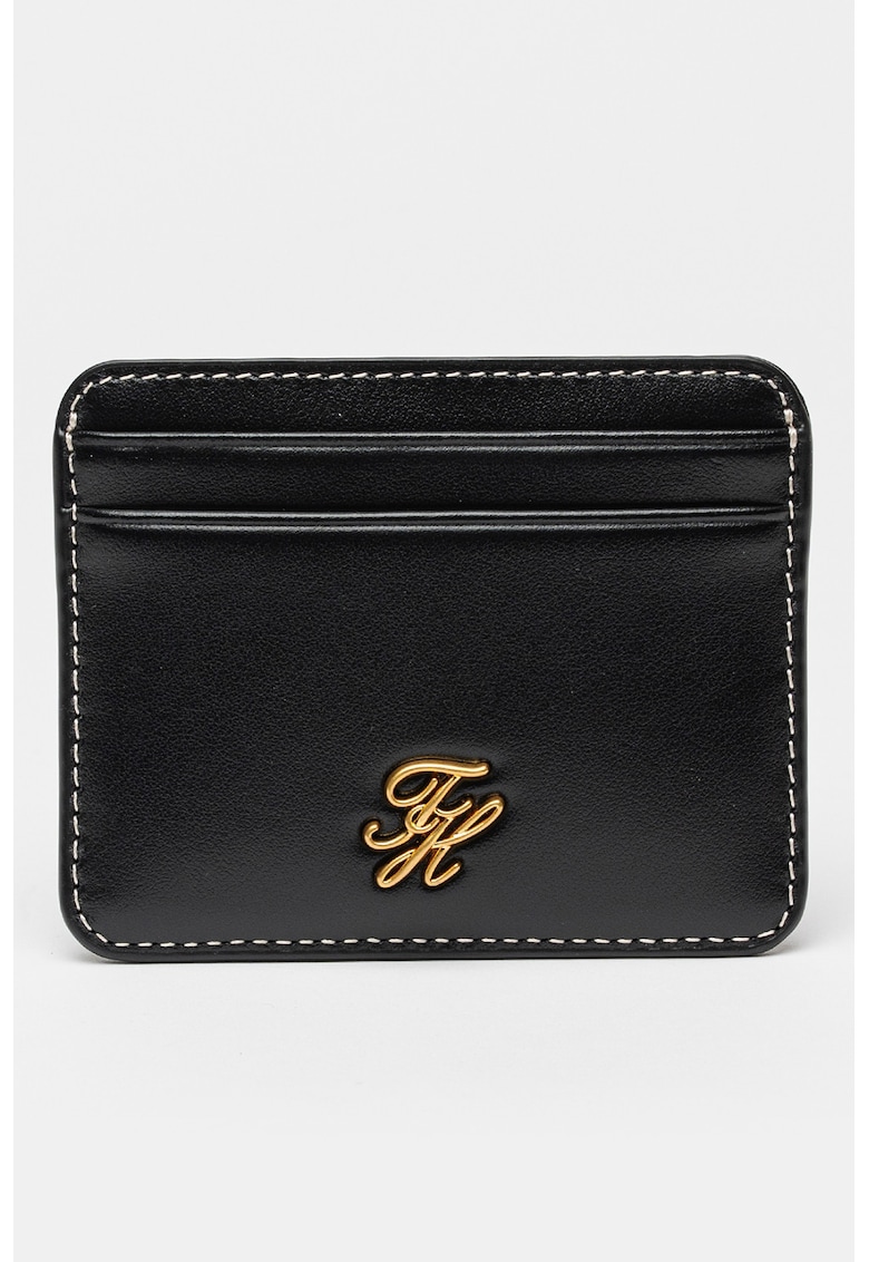 Portcart de piele cu monograma metalica - Negru