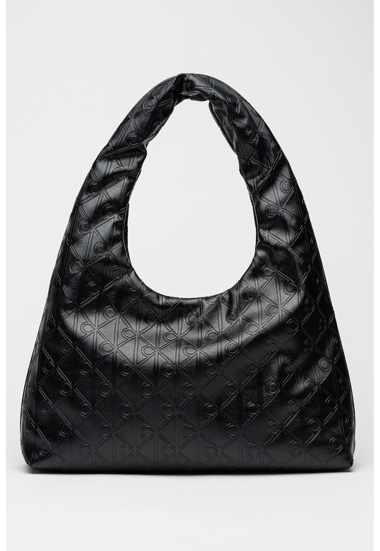 Geanta de piele ecologica cu bareta de umar si model monograma - Negru