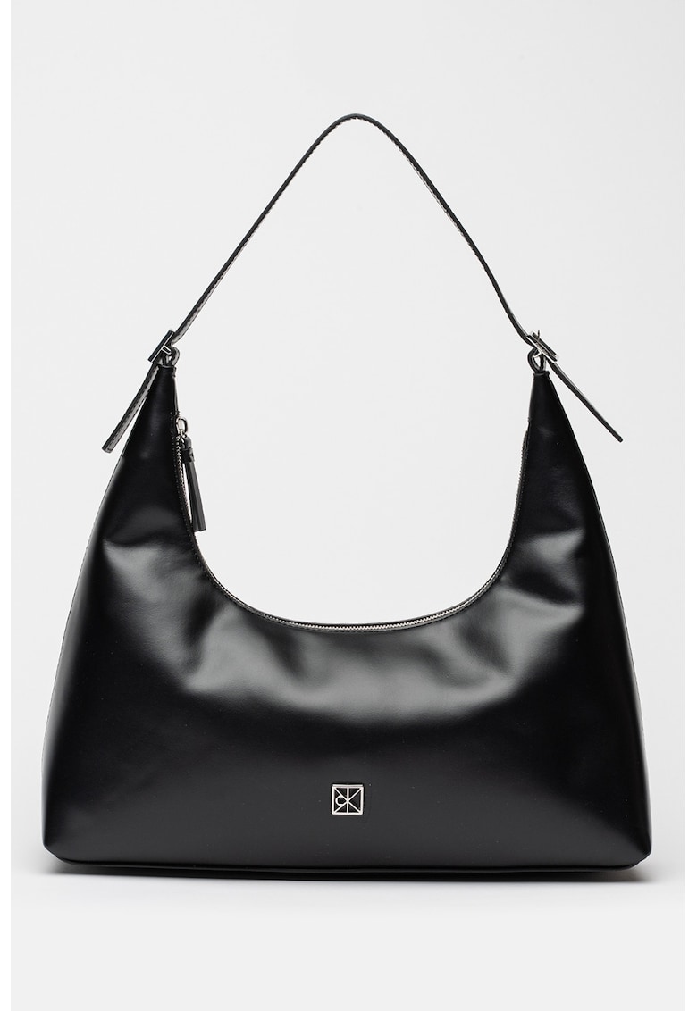 Geanta de piele cu bareta de umar si logo metalic - Negru