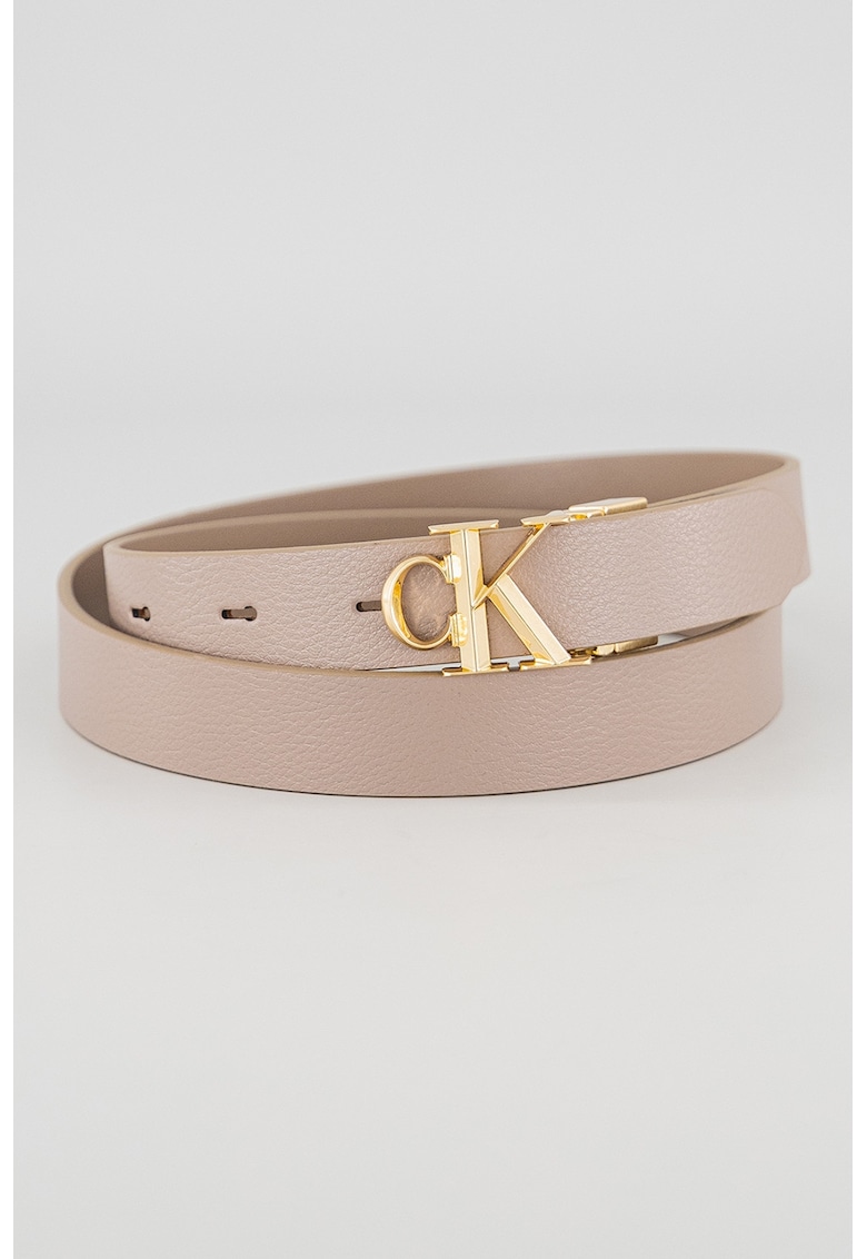 Curea de piele cu catarama cu logo metalic - Maro taupe deschis