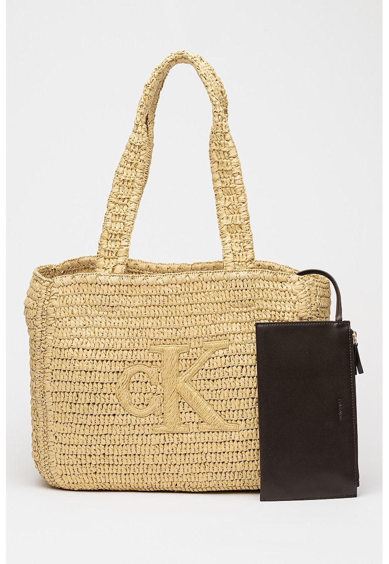 Geanta tote din rafie cu model impletit si logo - Galben pal