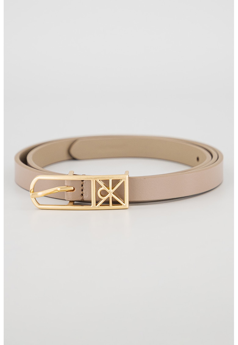 Curea skinny din piele cu catarama logo metalica - Maro taupe inchis