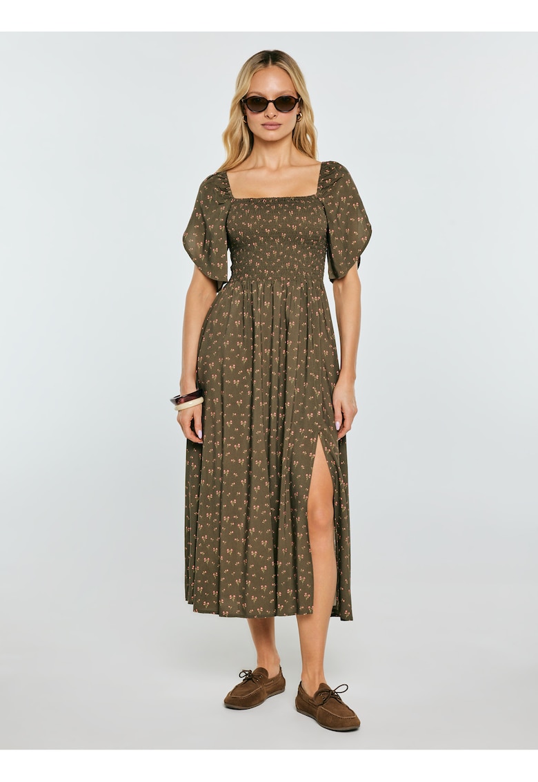 Rochie midi cu imprimeu floral si slit frontal Bler