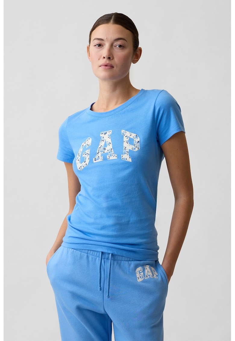 Tricou din bumbac cu logo - Alb fildes/Albastru