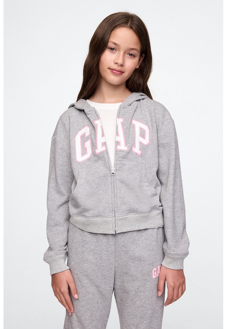 Hanorac cu logo si fermoar - Alb/Gri deschis melange