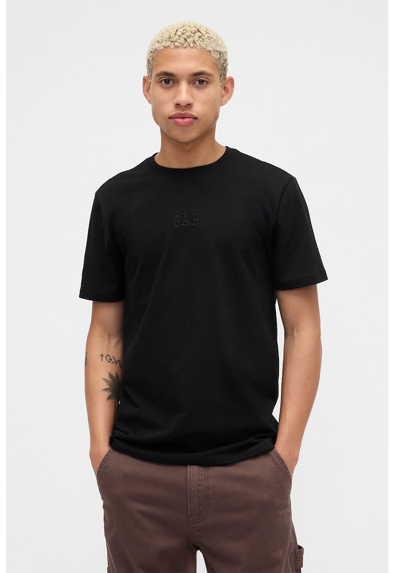 Tricou din bumbac cu decolteu la baza gatului - Negru