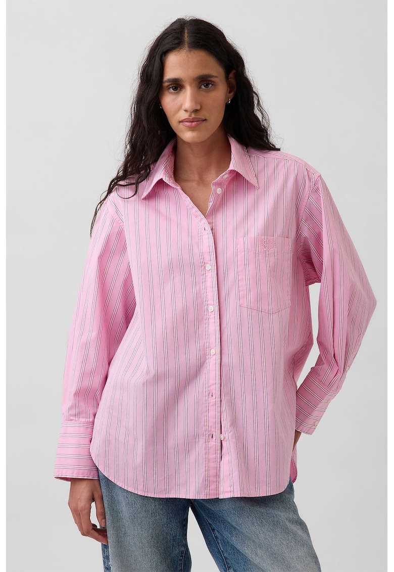 Camasa din bumbac organic cu model in dungi - Alb/Fucsia