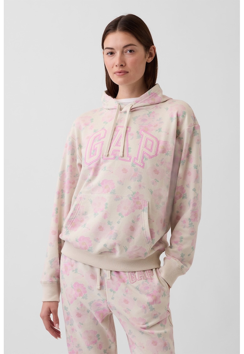 Hanorac cu logo si buzunar kangaroo - Galben pal/Roz