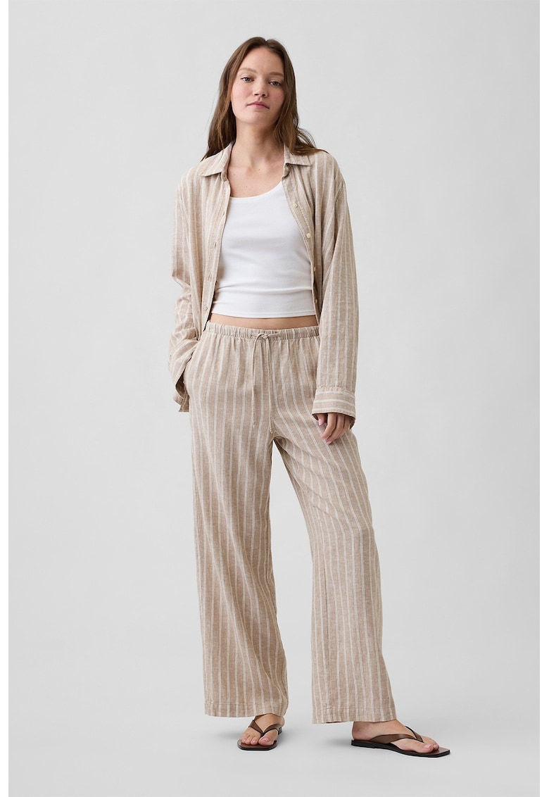 Pantaloni din amestec de in cu croiala ampla - Alb/Maro camel