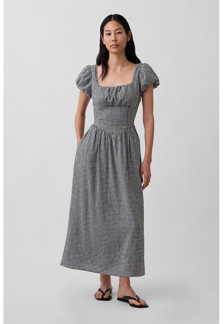 Rochie Empire din amestec de in cu decolteu patrat - Alb/Negru