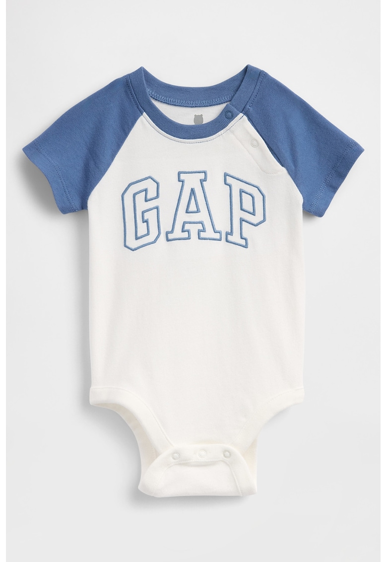 Body din bumbac organic cu maneci raglan - Alb/Albastru safir